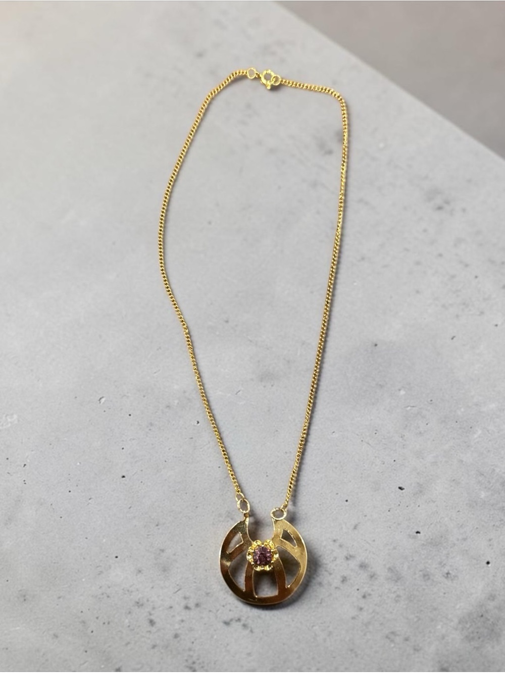 Gold-Tone Round Pendant Necklace with Pink Rhinestone